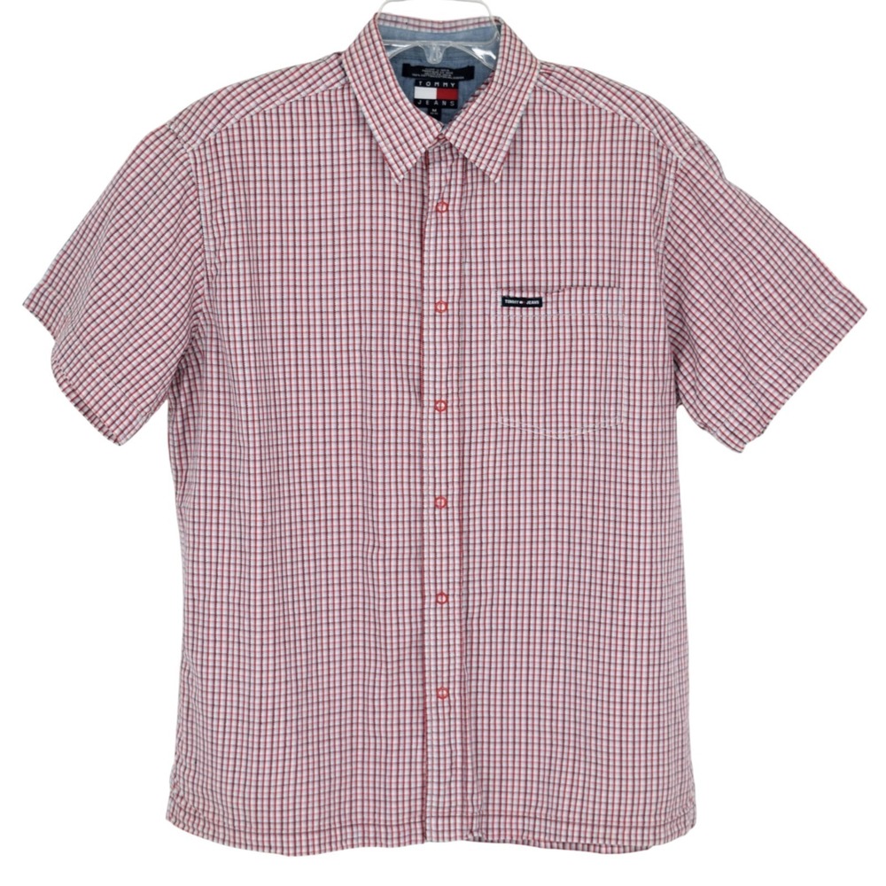 Vintage Tommy Jeans Men M Short Sleeve Snap Seersucker Plaid Red Y2K Oversized